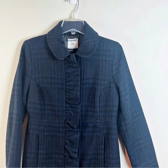 Old Navy Plaid Wool Blend Pea Coat Ruffle Medium Academia Pockets Navy Black - Picture 2 of 10